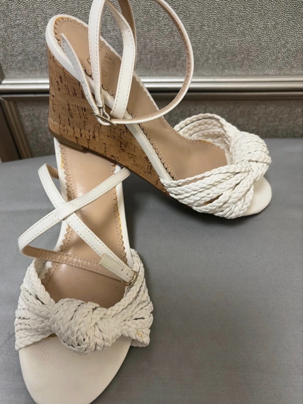 crown & ivy White Braided Knot Wedge Sandals with Ankle Strap - Picture 4 of 7
